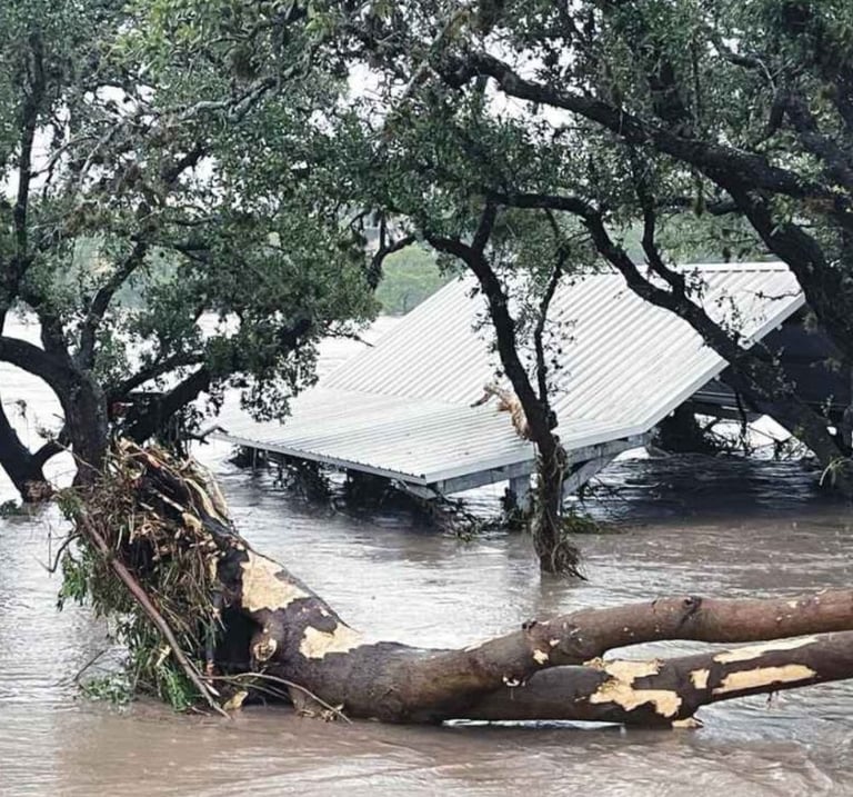 Floodwater covering a park, rising above the roofs of metal picnic shelters.