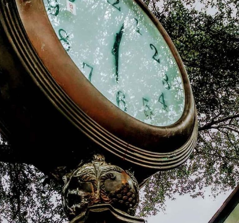 Large clock showing 12:30 with trees reflected in glass