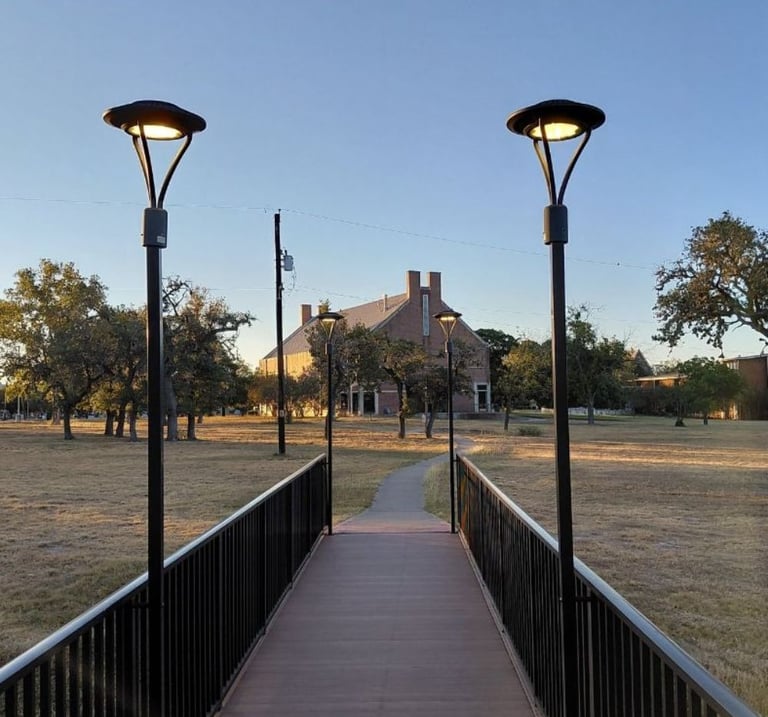 Footbridge lit by lampposts at dawn, leading toward a building in the distance.