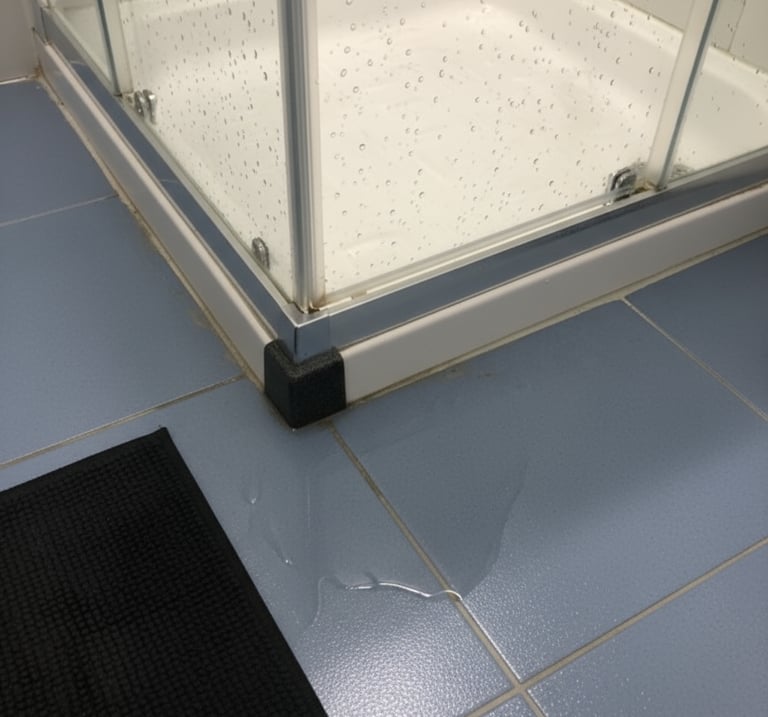 Leaking acrylic shower with water pooling on the bathroom floor – clear sign of a shower leak in an