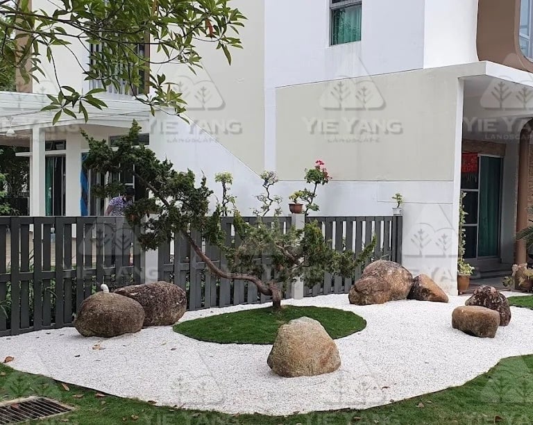 Zen front yard with white pebbles at Setia Eco Glades, Cyberjaya.