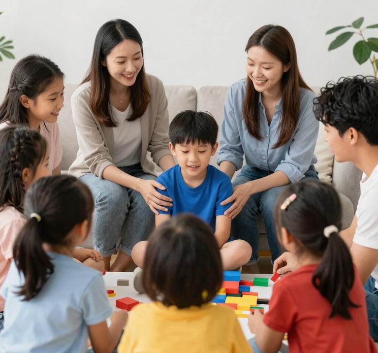 An inclusive community gathering with families and professionals sharing experiences.
