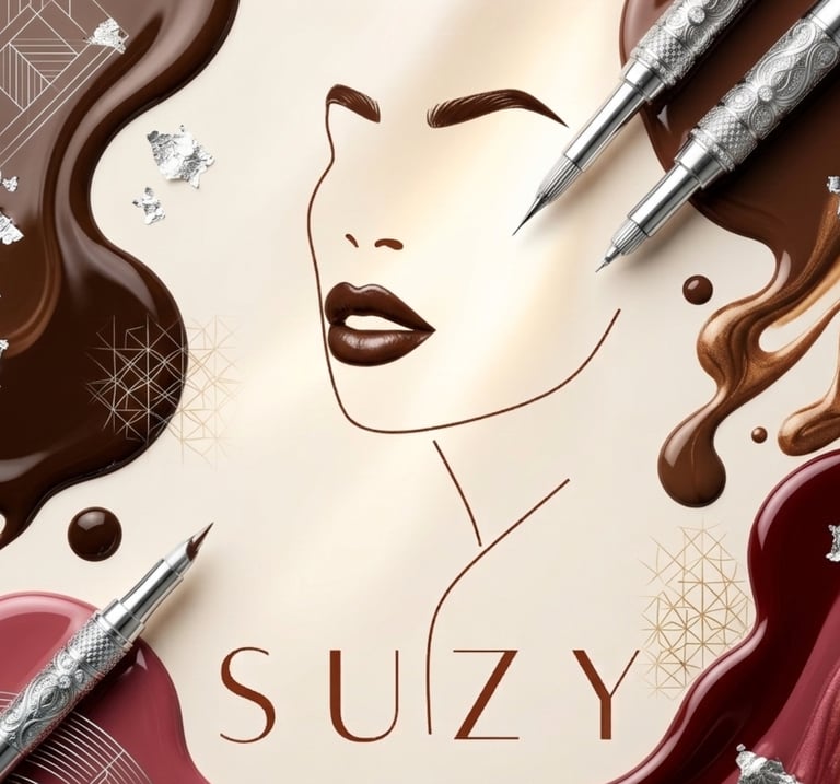 Artistic makeup flat lay featuring liquid eyeliner pens, chocolate lip gloss swirls, and a face outline.