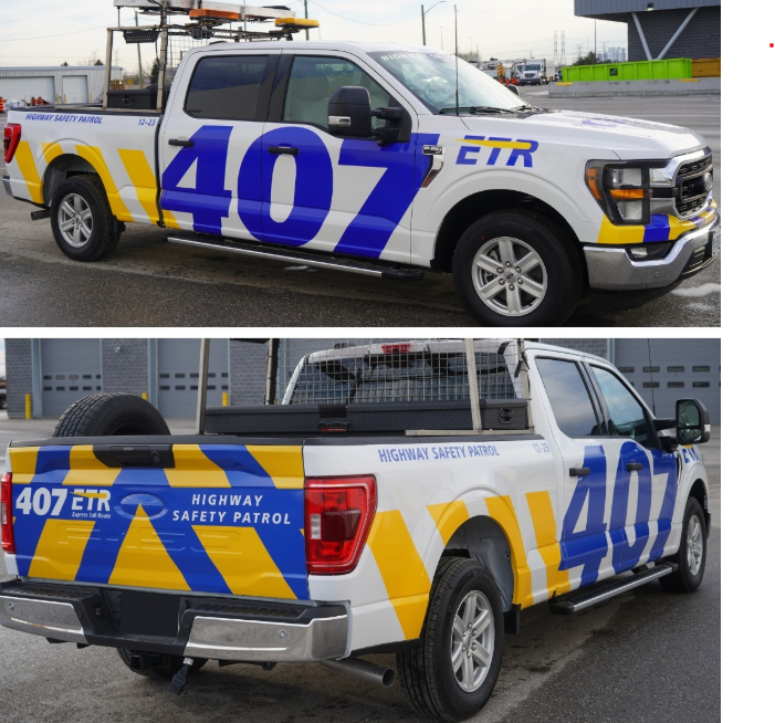 A 407 ETR highway safety patrol Ford F-150 truck with blue and yellow high-visibility graphics.