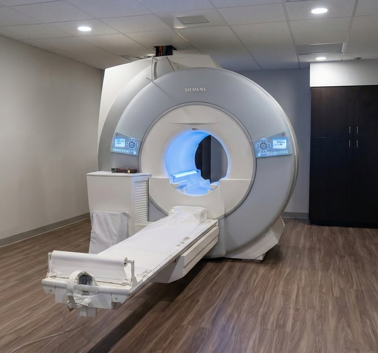 MRI scanner in a medical imaging room used for brain, spine, and neurological diagnostic testing.