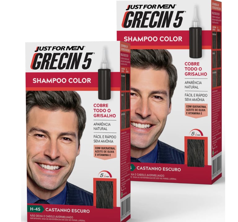 Kit 2x unidades Grecin 5 Shampoo Tintura Tonalizante Castanho Escuro H-45 60ml