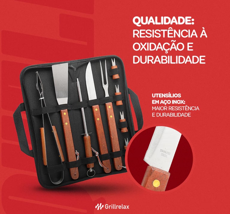 Kit Churrasco 10 Peças Completo Aço e cabo de madeira 