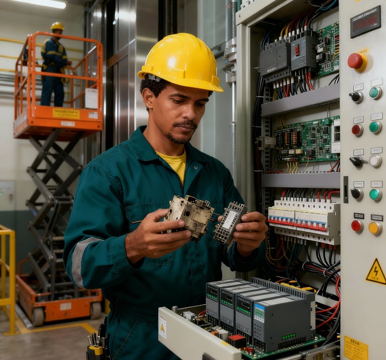 Técnico realizando retrofit de painel de automação em plataforma elevatória industrial - modernização de CLP - Play Kron