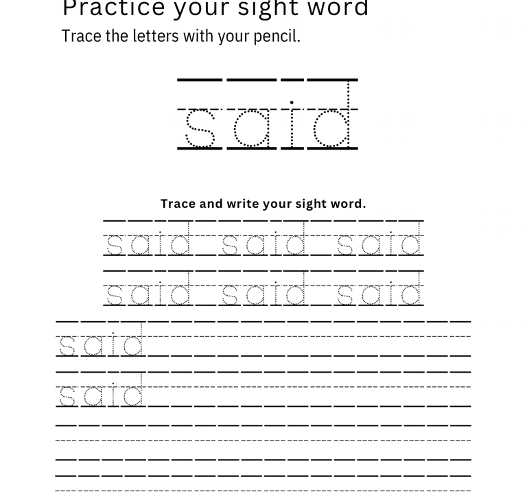Printable sight-word tracing worksheet for the word "said".