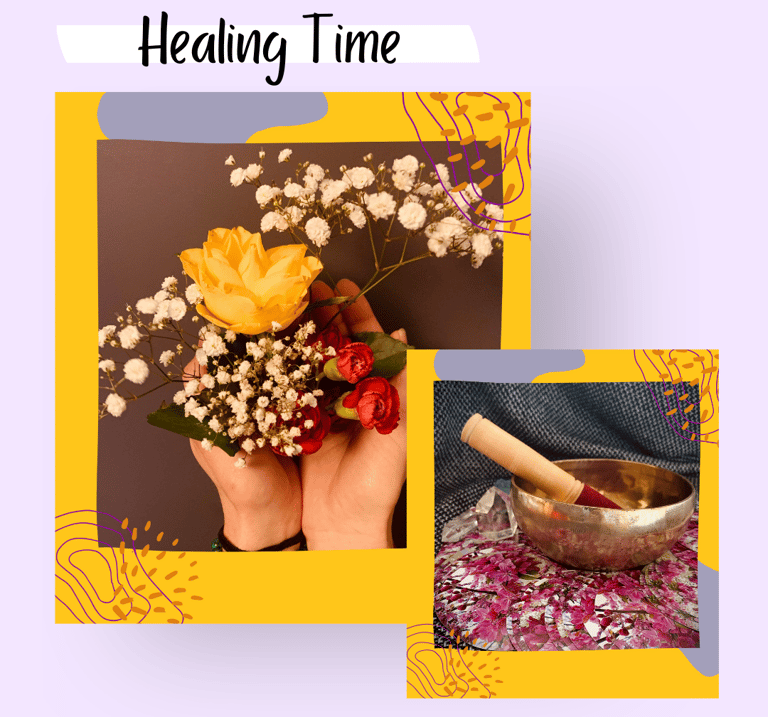 Two images of flowers in a woman's hands and a tibetan bowl with crystals next to it.