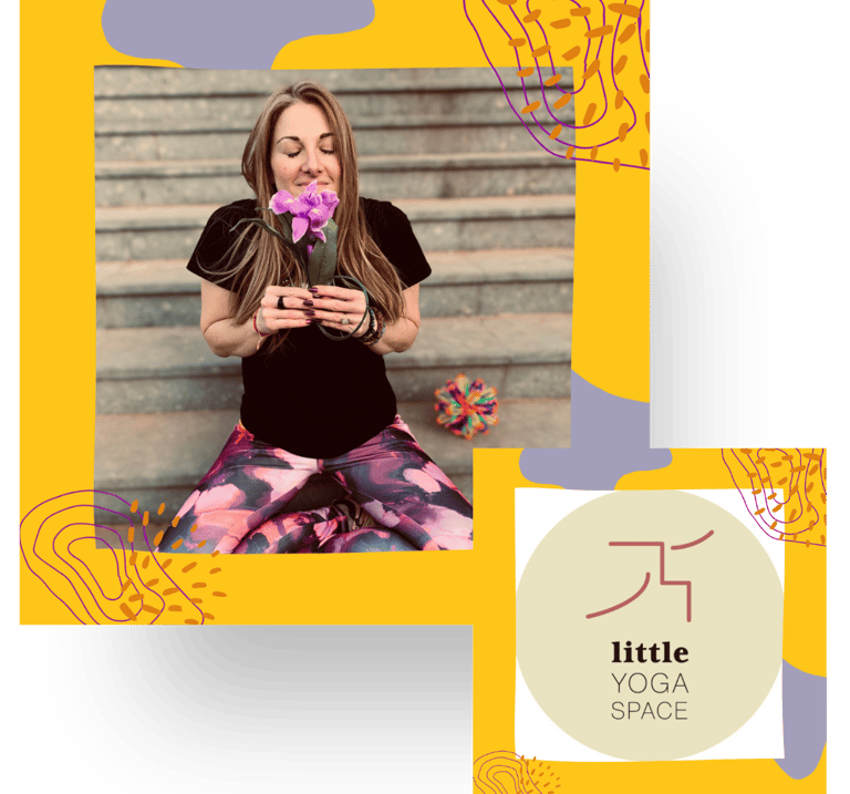 Kids yoga teacher holding a silk flower and inhaling with eyes closed and Lisbon studio logo.