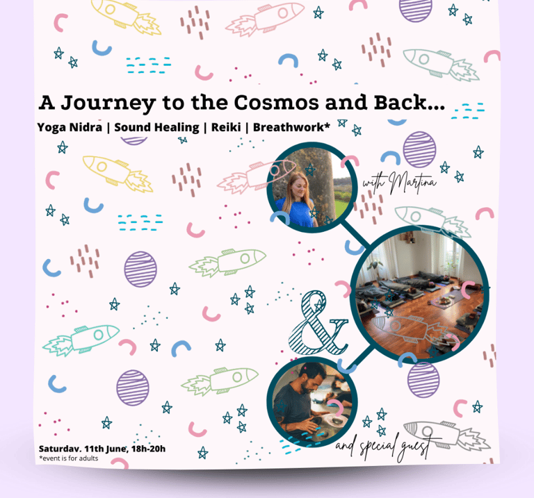 A fun graphic for a holistic event of reiki, nidra, breathwork and sound healing.