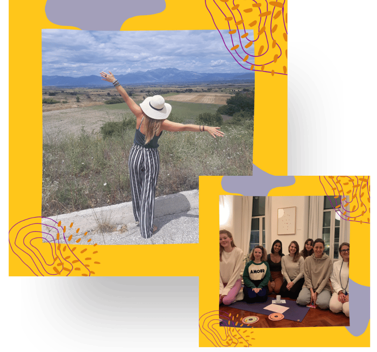 A woman with the arms spread wide in the outdoors and a group of students in Lisbon.