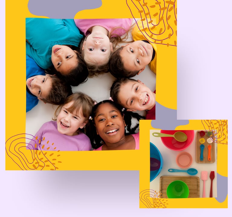 Two images of a group of children smiling and cooking utensils.