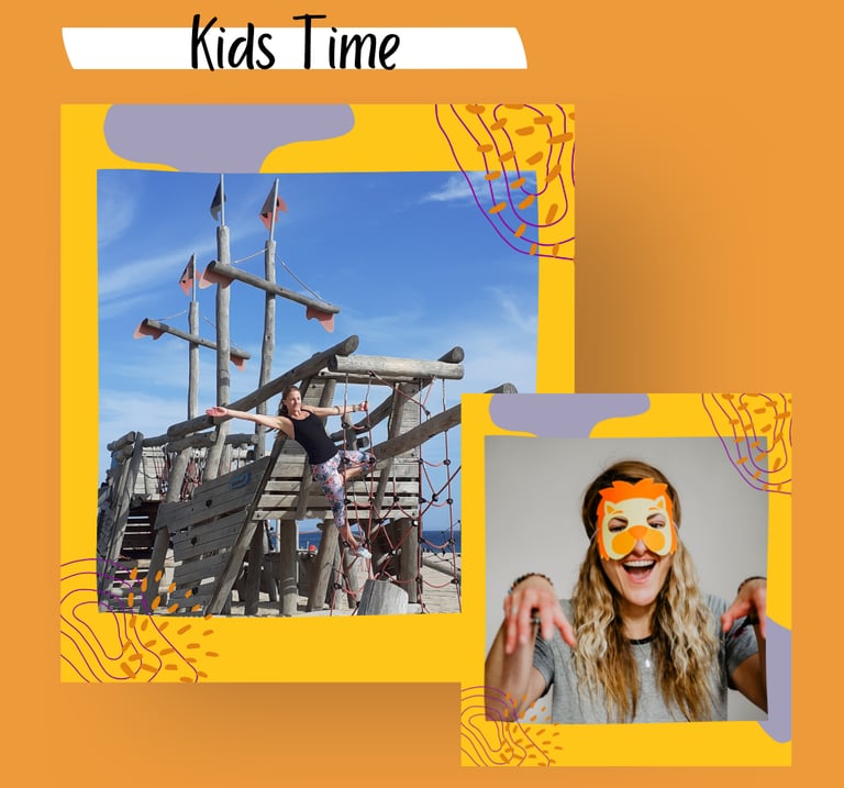 Kid yoga time. Martina outdoors on a wooden ship. Martina indoors smiling wearing a lion eye mask.