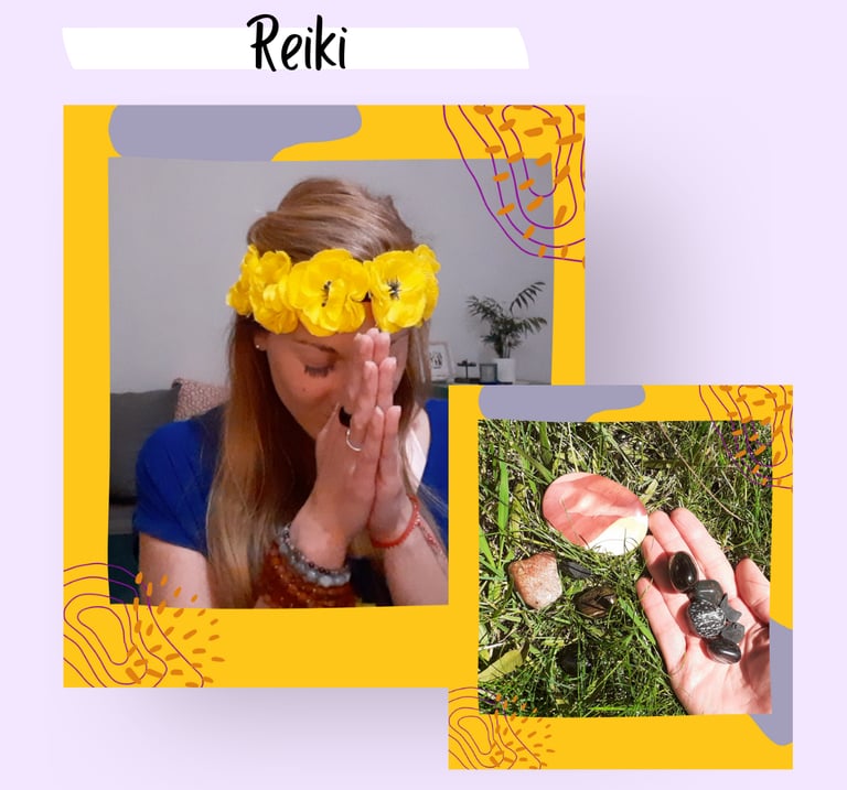 Two images of a woman bowing forward with hands in prayer and an image of stones and crystals.