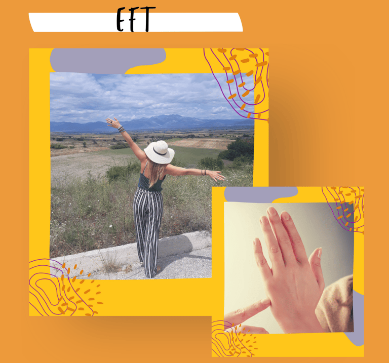 Two images of a woman in nature and tapping on hand using emotional freedom technique.
