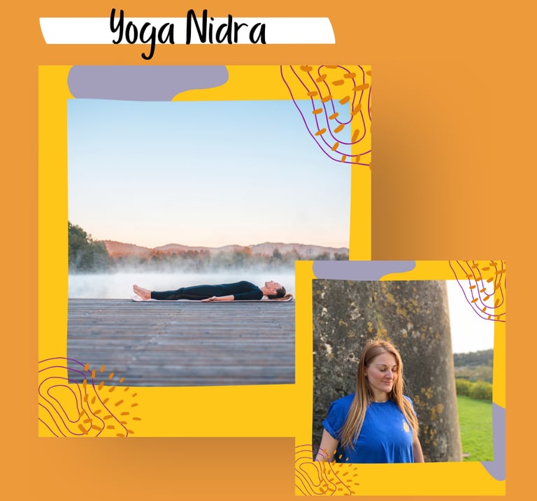 Two images of a person lying down for meditation and a woman standing with eyes closed.