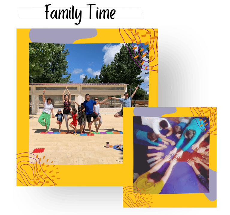 A group of people doing family yoga outdoors and a group together in child's pose in Lisbon.