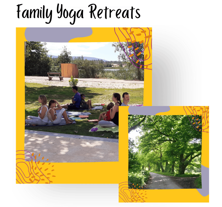 Families doing yoga outdoors in nature in Portugal.