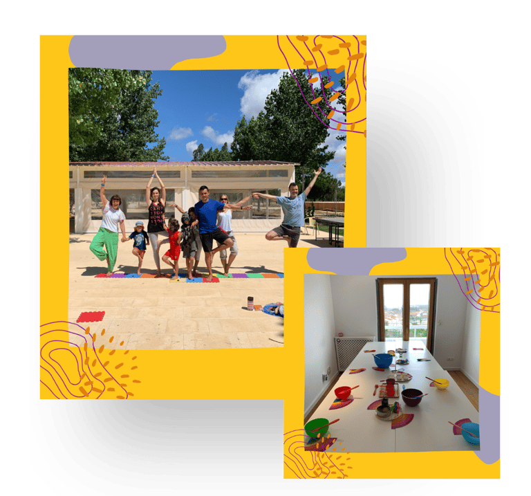 Family Yoga and kids cooking utensils