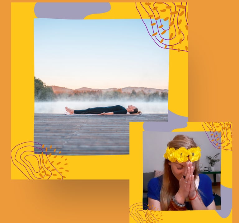 A person lying down for meditation and a woman with hands in prayer.