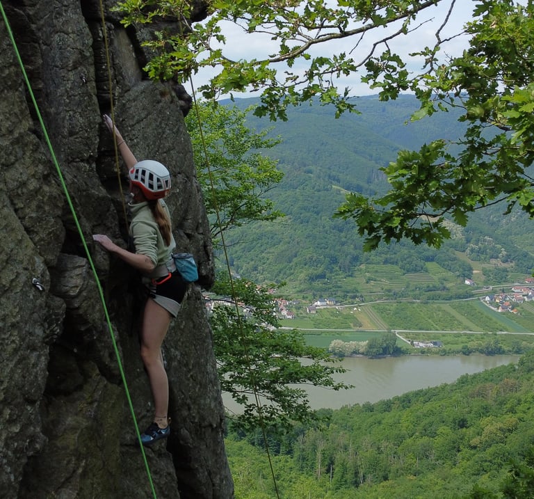 Climbing course participant at the Climbing Academy Vienna climbs toprope on the rock in the wachau.