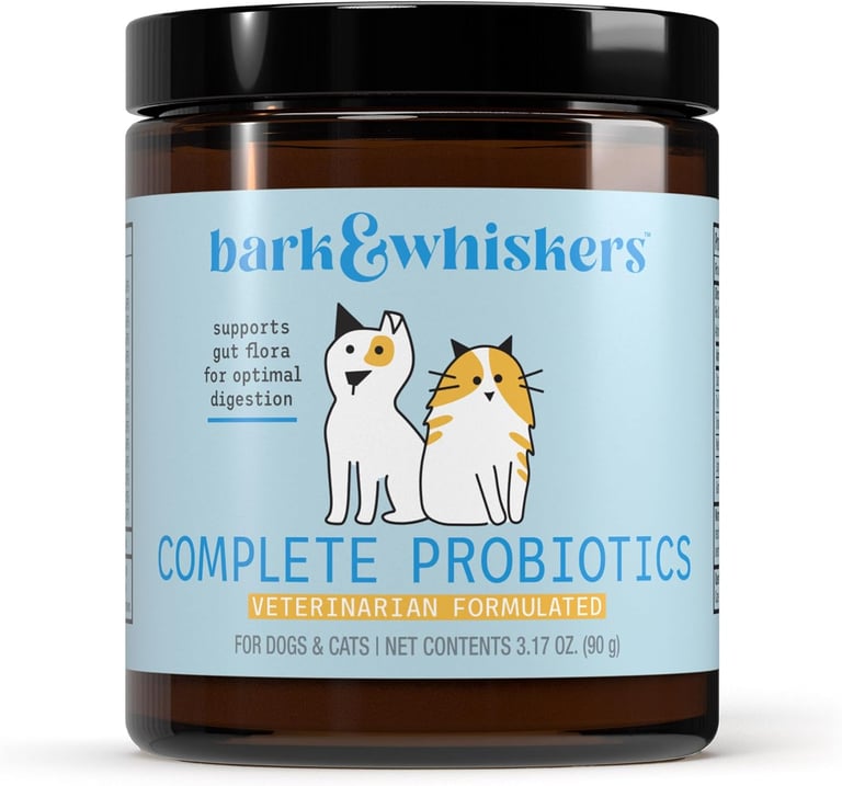 Bark and Whiskers Complete Probiotics supplement for dogs and cats to support digestive health.