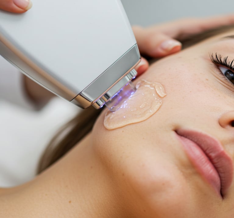 Professional laser skin treatment being applied to a woman's face at a dermatology clinic.