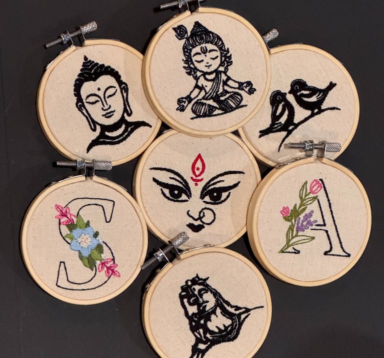 a group of embroidery work embroidered on a wooden hoops - stitching hoop - stitch