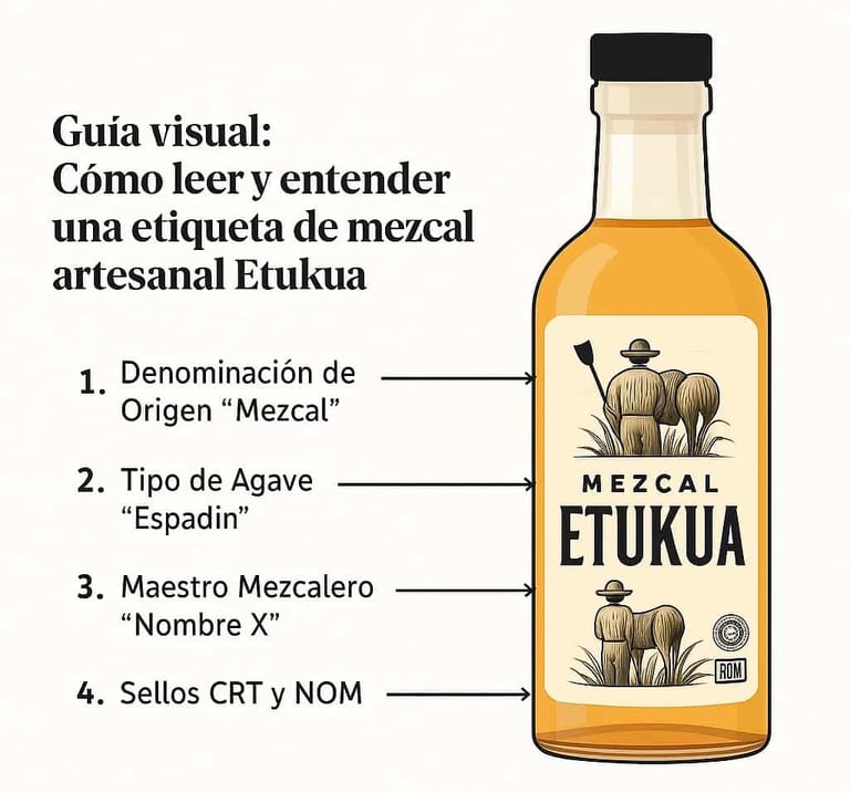 Ilustración de la etiqueta de una botella de mezcal Etukua con flechas y números que señalan y expli
