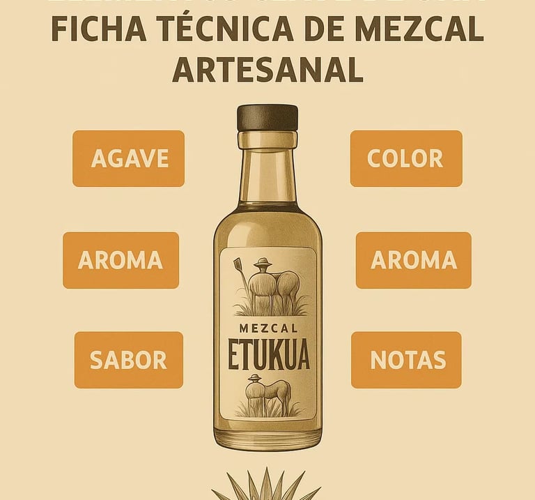 Infografía con los elementos esenciales que debe tener una ficha técnica de mezcal artesanal