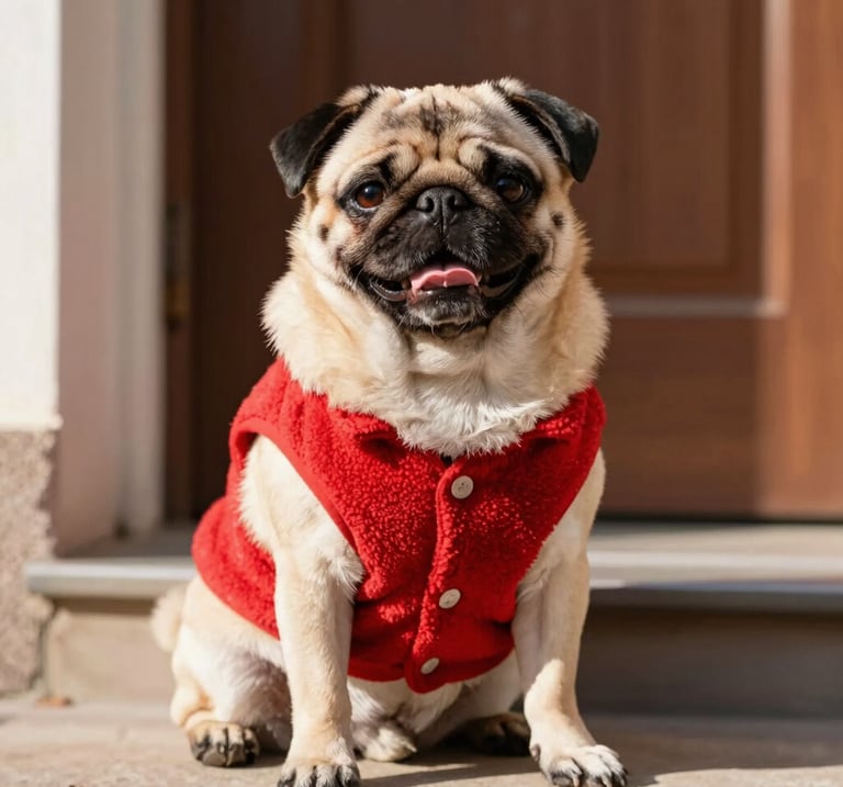 Un adorable perro pug con un chaleco de forro polar rojo sentado en el umbral de una puerta 