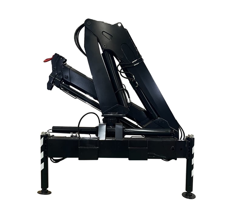 Hydraulic arm on black crane, 6.3 Ton Knuckle Boom Crane, 6300 kg lift capacity, 8.2-meter reach.