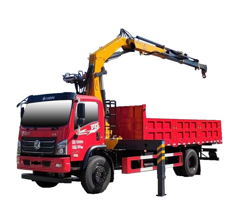 A white background showcases a 12 Ton Knuckle Loader Crane. Its standout feature is the articulating arm resembling a knuckle