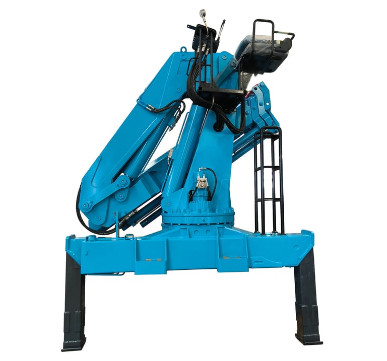 A blue hydraulic crane on a white background. 8 Ton Knuckle lorry mounted crane, designed with the latest analysis and techno