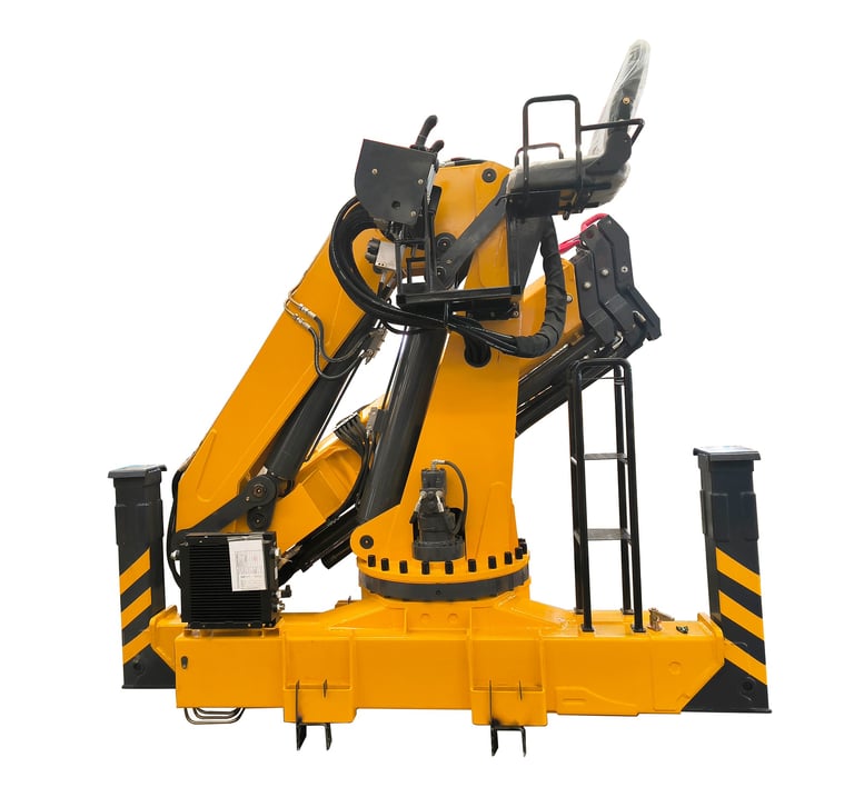 A reliable 10 Ton Knuckle truck mounted crane in yellow and black on a white background.