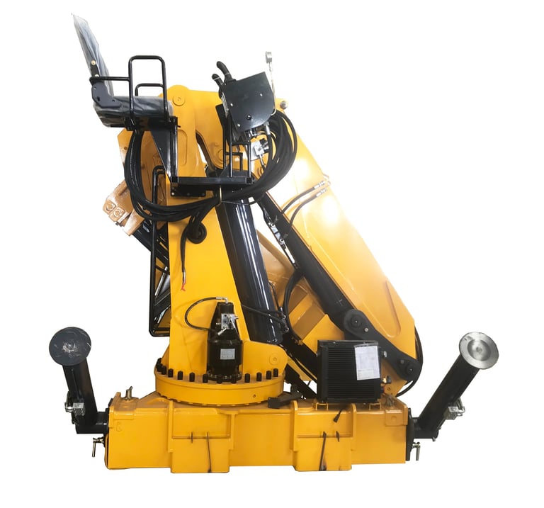 Yellow hydraulic machine on white background, 10 Ton Knuckle Crane For Truck, SQZ200A-4, 10,000 kg lift capacity, 11.3-meter 