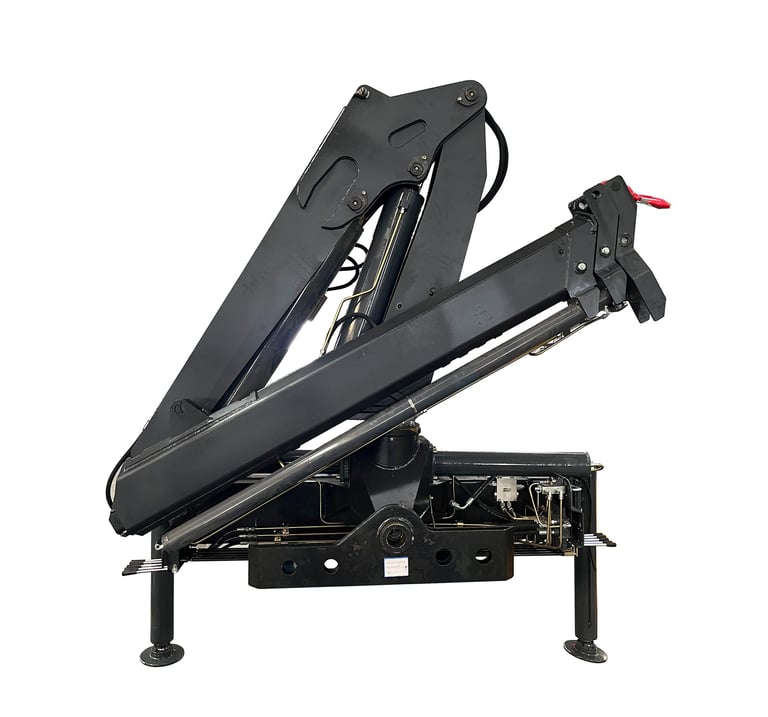 A black hydraulic lift on a white background. 4 Ton Knuckle Boom Crane, SQZ84A-2, with a 4000 kg lift capacity and 7.5-meter 