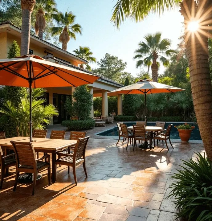 a stamped concrete patio with a table and chairs and umbrellas