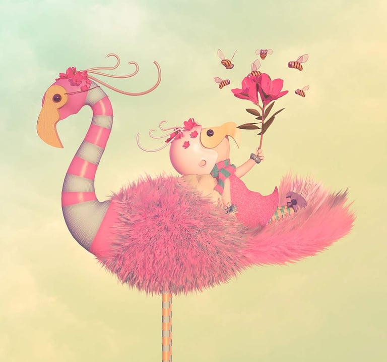 Pink flamingo and spring girl watching bees