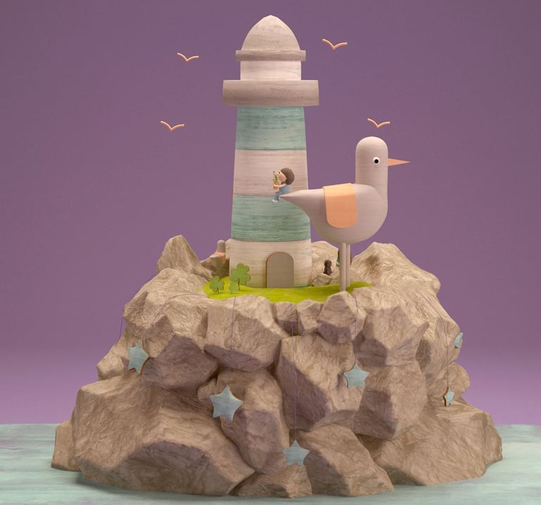 a bird and a girl sitting on top of a rock formation