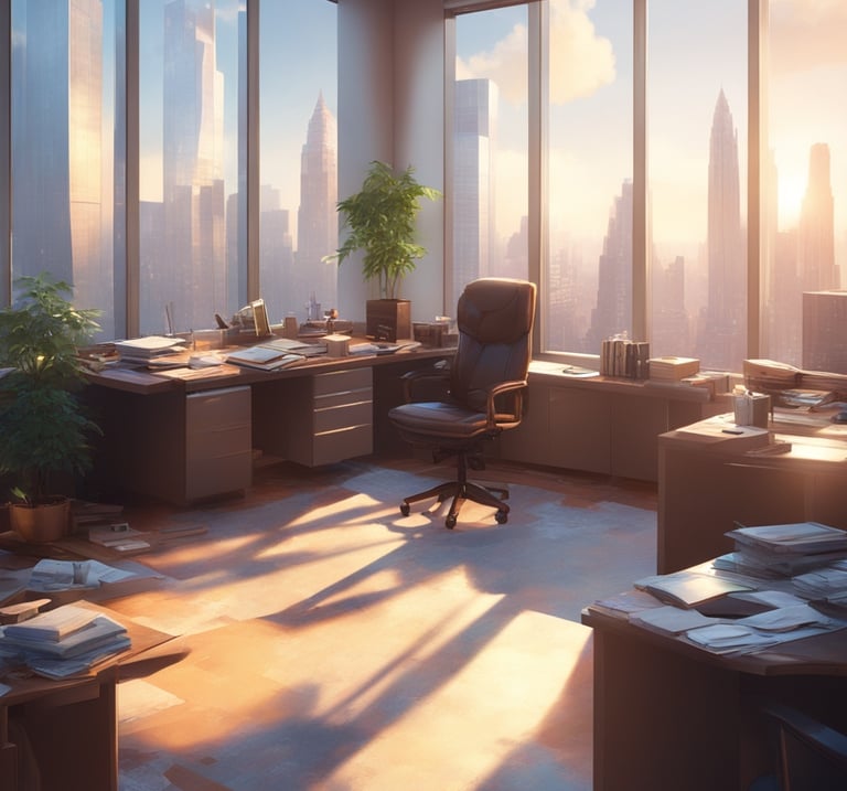 a desk with a chair and a desk with a plant in the middle