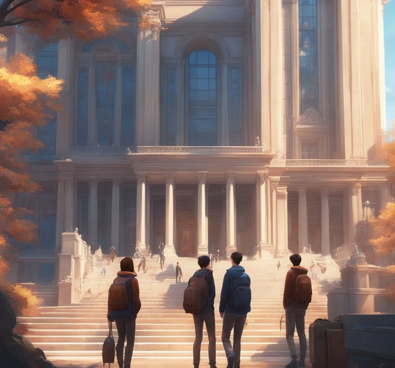 a group of university students walking up stairs in front of a university building