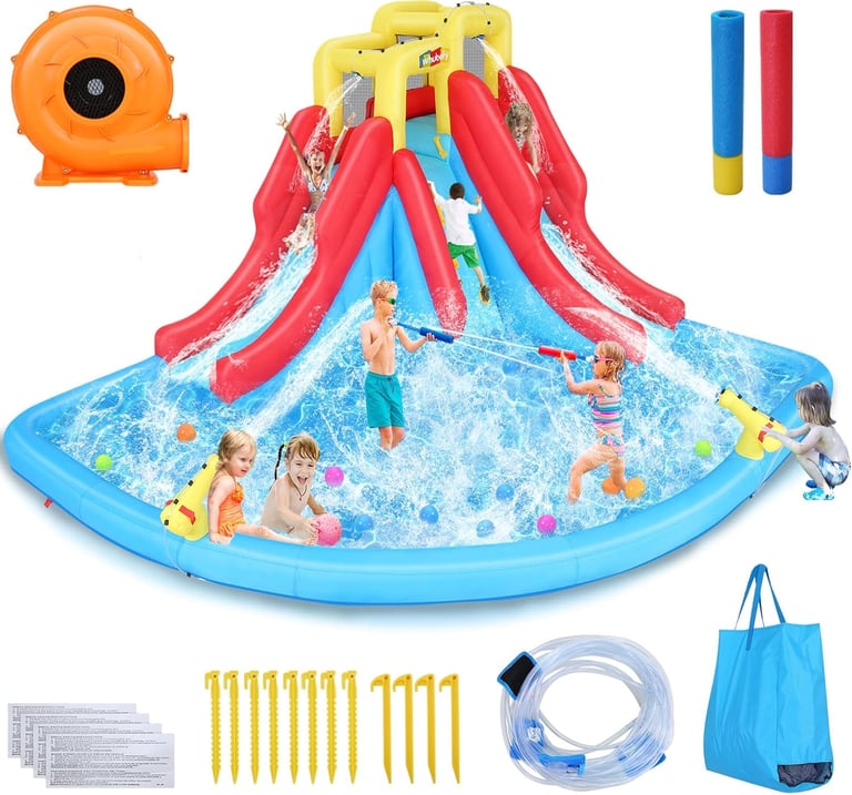 Whubefy Double Dip Inflatable Water Slide Park – 14.5 x 12.7 x 7.5 FT Heavy-Duty for Backyard Fun wi