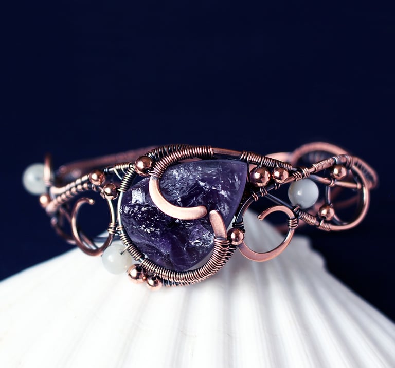 Copper wire wrapped cuff bracelet with Amethyst by MYstyFOX