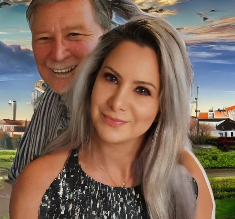 Ai-generated artwork that shows random weird people behind pretty blonde girl, ai-generated artwork 