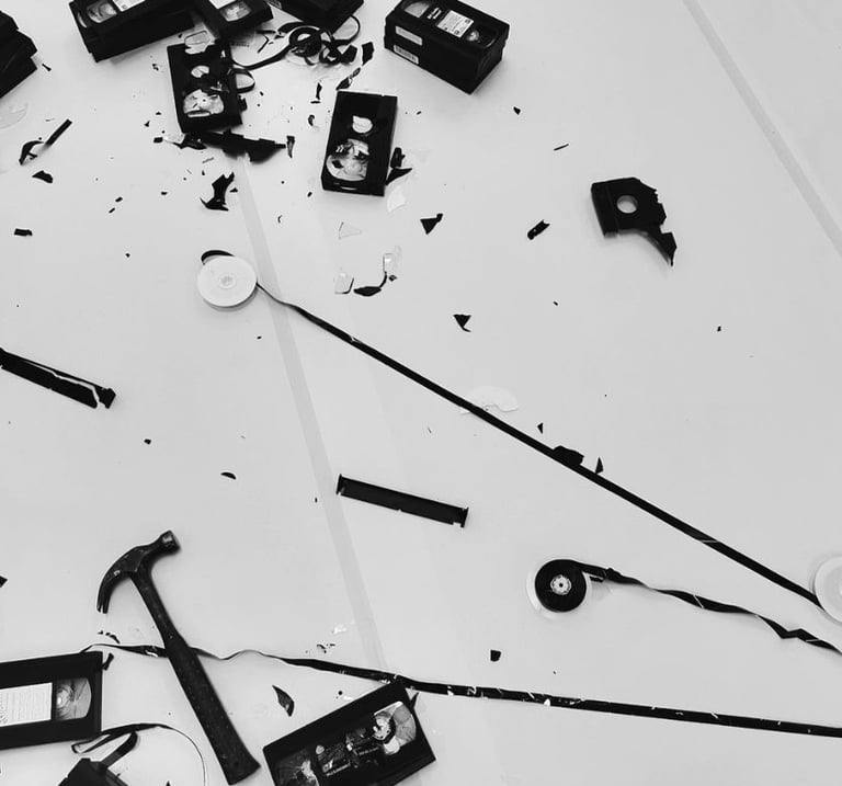 performance art installation hammer breaking old vhs tapes and unwinding the tape tapes in drag