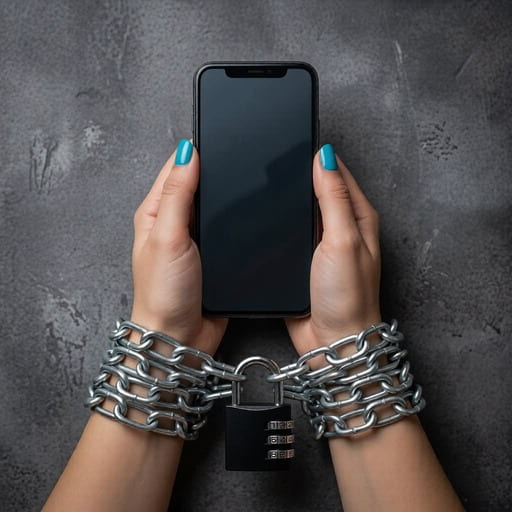 Hands holding a smartphone with wrists bound by metal chains and a padlock representing digital addiction.
