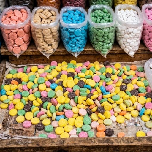 Assorted colorful round candy pills in bulk bags and a mixed pile.